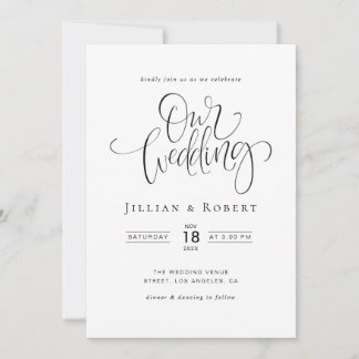 black and white elegant script wedding invitation