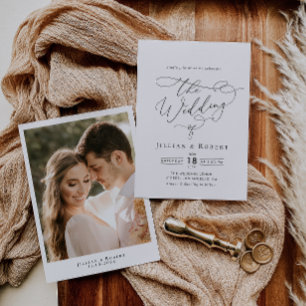 black and white elegant script wedding invitation