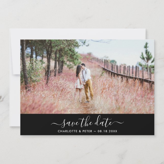 Black and White Elegant Script Wedding Photo Save The Date (Front)