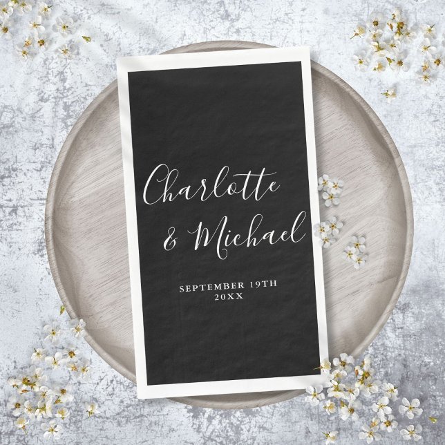 Black And White Elegant Signature Script Wedding Napkin (Black And White Elegant Signature Script Wedding Paper Guest Towels)