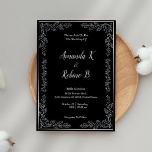 Black and White Elegant Simple Leaves Wedding Invitation