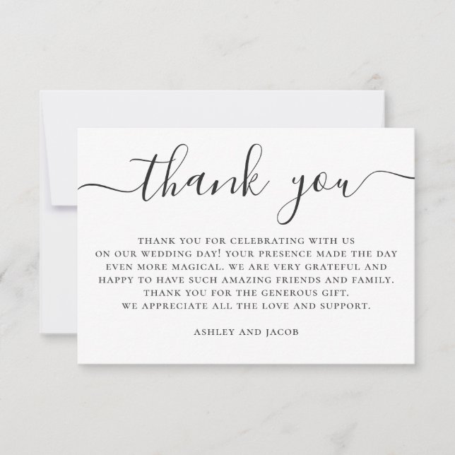 Black and white elegant simple script wedding thank you card (Front)