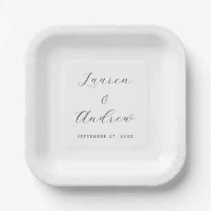 Black and White Elegant Simple Square Wedding Paper Plate