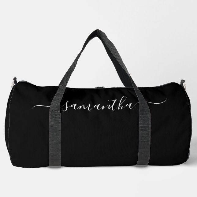 Black and White Elegant Swash Signature Name Duffle Bag (Front)