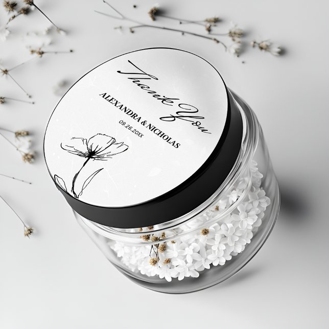 Black and White Elegant Thank you Wedding Favour Classic Round Sticker (Creator Uploaded)