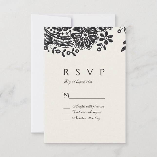 Black and white elegant vintage lace wedding RSVP (Front)