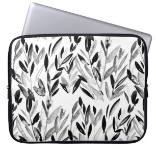 Black and white elegant watercolor natural leaves laptop sleeve