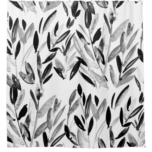 Black and white elegant watercolor natural leaves  shower curtain (Front)