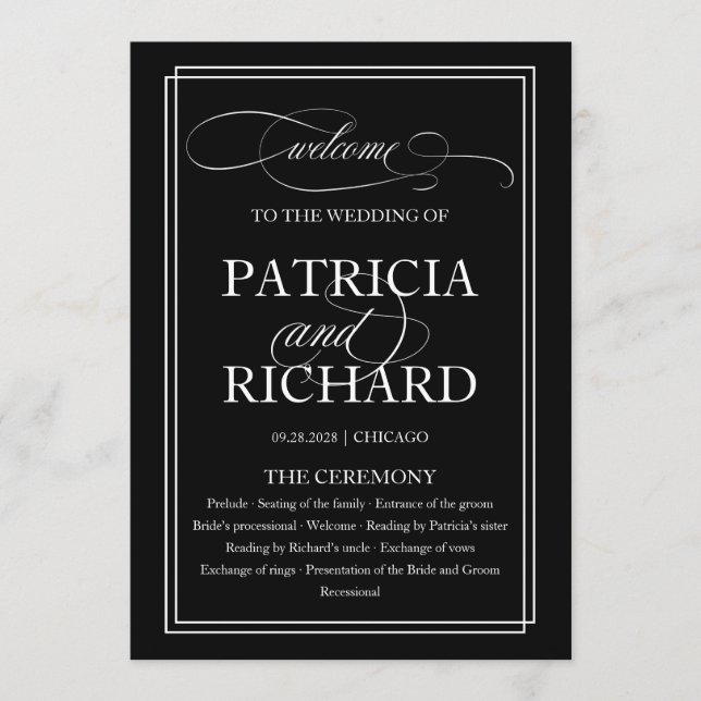 Black And White Elegant Wedding Ceremony Program Programme (Front)
