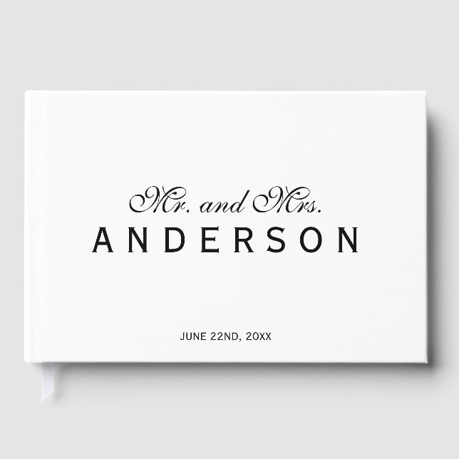 Black and White Elegant Wedding Mr and Mrs Script Guest Book (Front)