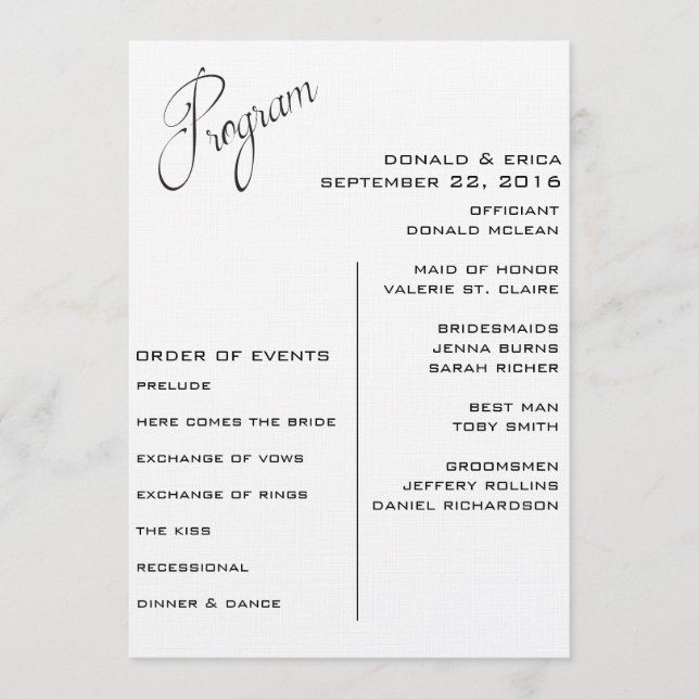 Black and White Elegant Wedding Program Programme (Front)