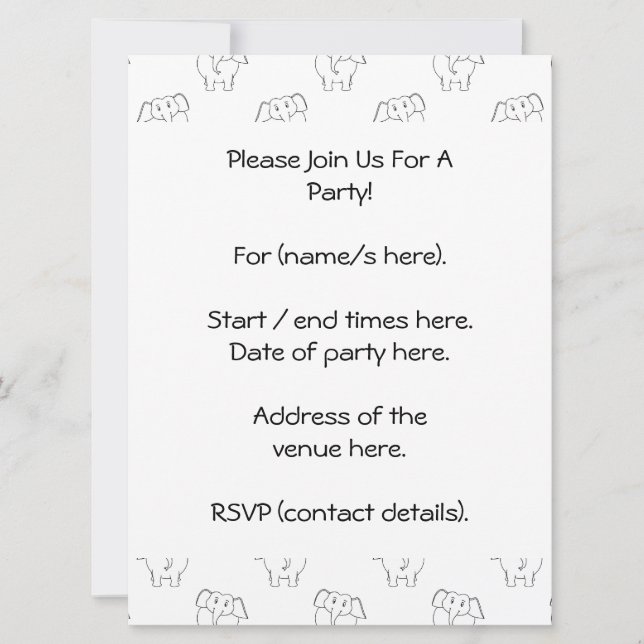 Black and White Elephant Pattern. Invitation (Front)