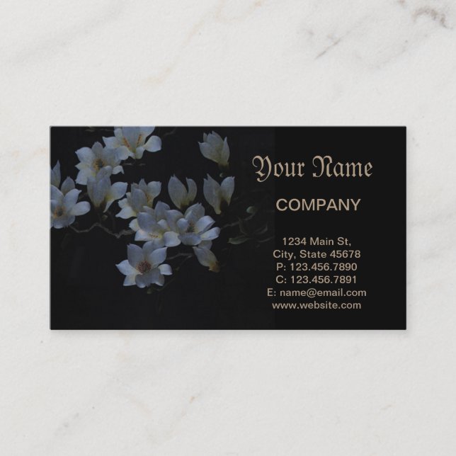 Black and white Embroidery magnolia flower Business Card (Front)