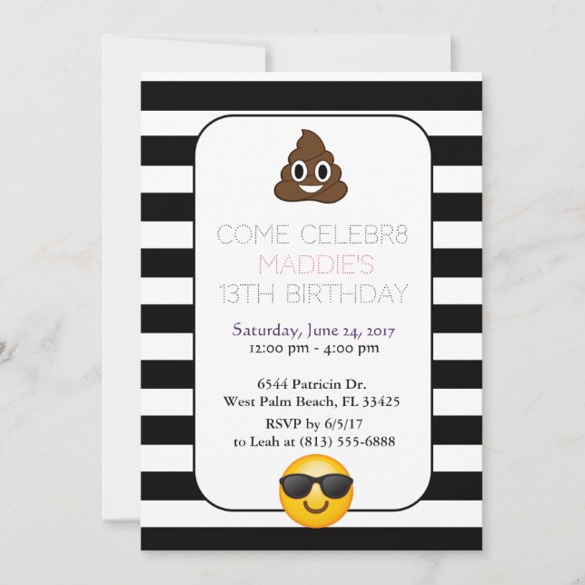 black and white emoji birthday invitation (Front)