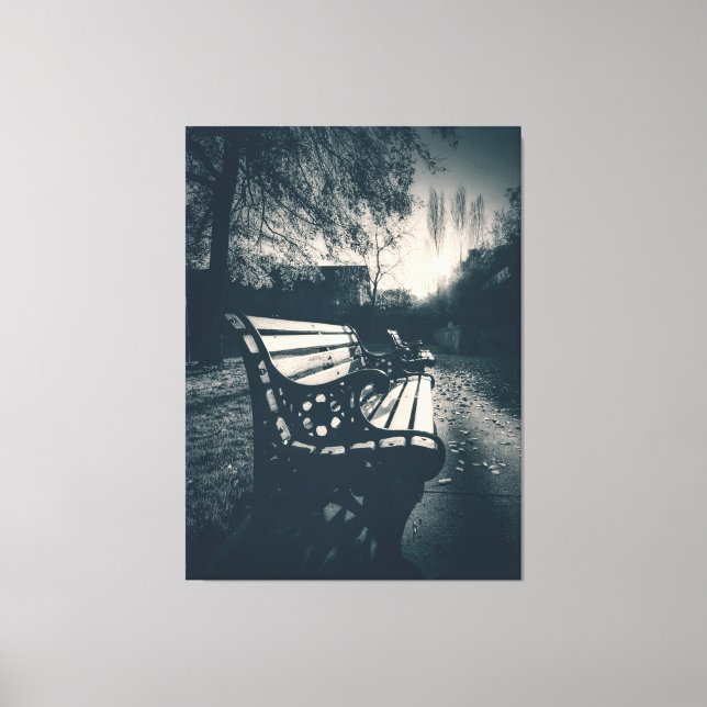 Black and White Empty Bench in Park Canvas Print (Front)