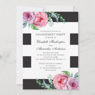 Black and white engagement party. Pink boho floral Invitation