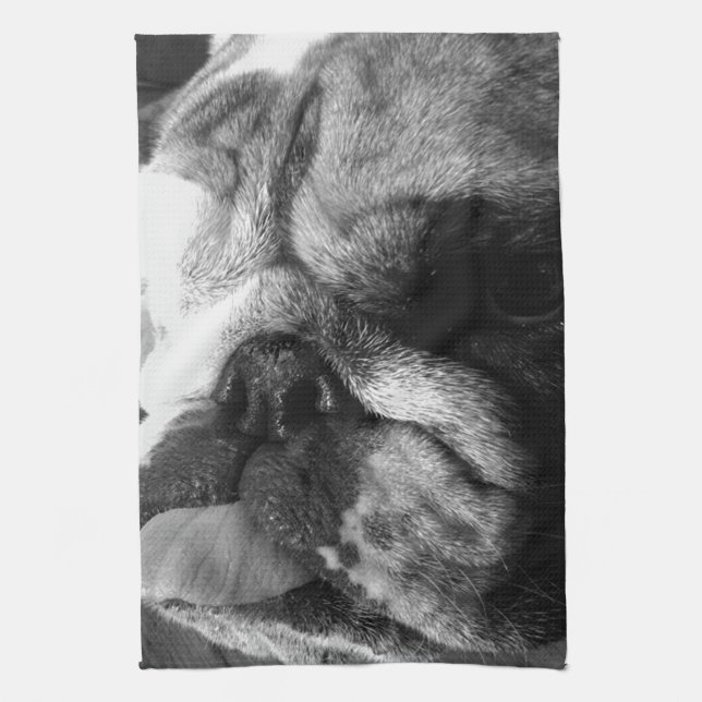 Black and White English Bulldog Puppy Tea Towel (Vertical)