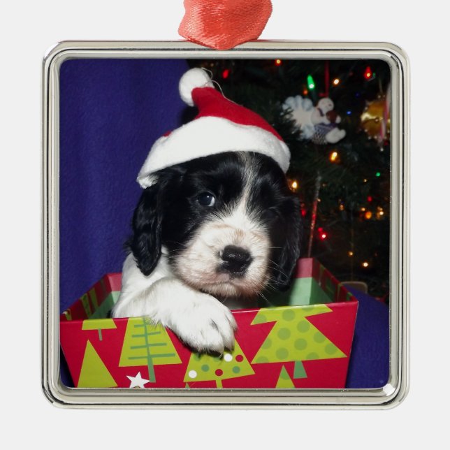 Black and White English Springer Spaniel Christma Metal Tree Decoration (Front)