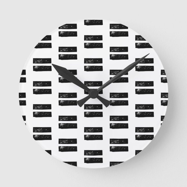 Black and White "Equals" Math Symbol Lino Cut Round Clock (Front)