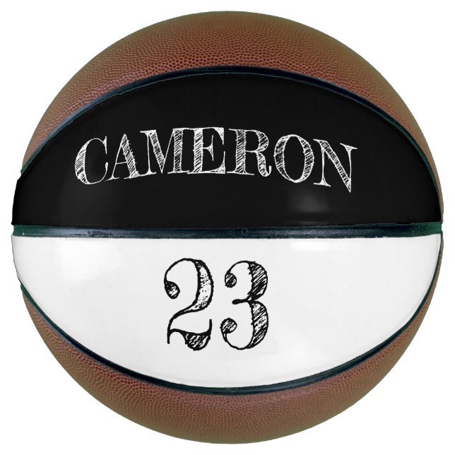 Black and white etch writing custom name number basketball (Front)