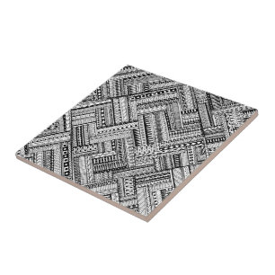 Black and White Ethinic Mix Pattern Ceramic Tile