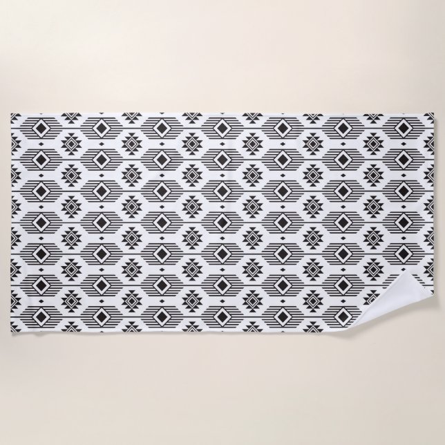Black and white ethnic ikat geometric pattern beach towel (Front)