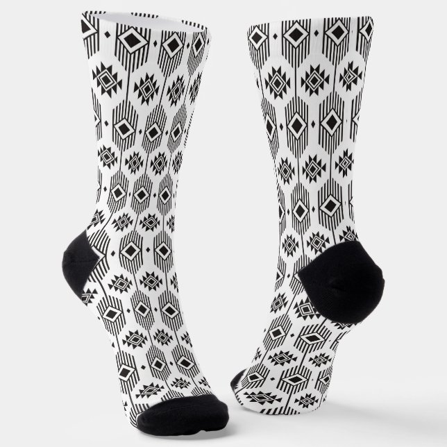 Black and white ethnic ikat geometric pattern socks (Angled)