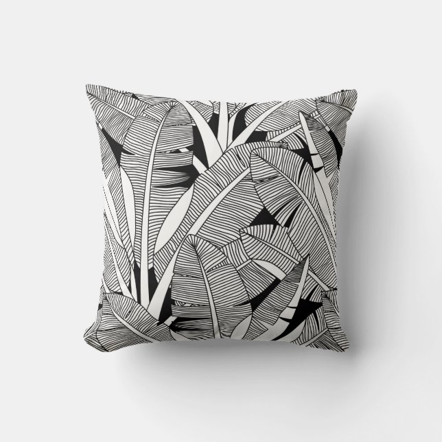 Black and white exotic plant and palm tree botanic cushion (Front)