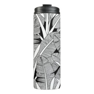 Black and white exotic plant and palm tree botanic thermal tumbler