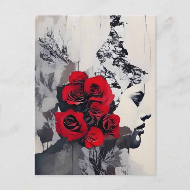 Black and White Face With Red Roses Mixed Media Postcard (Front)