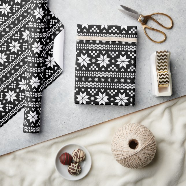 Black and White Fair Isle Christmas Sweater Print Wrapping Paper (Crafts)