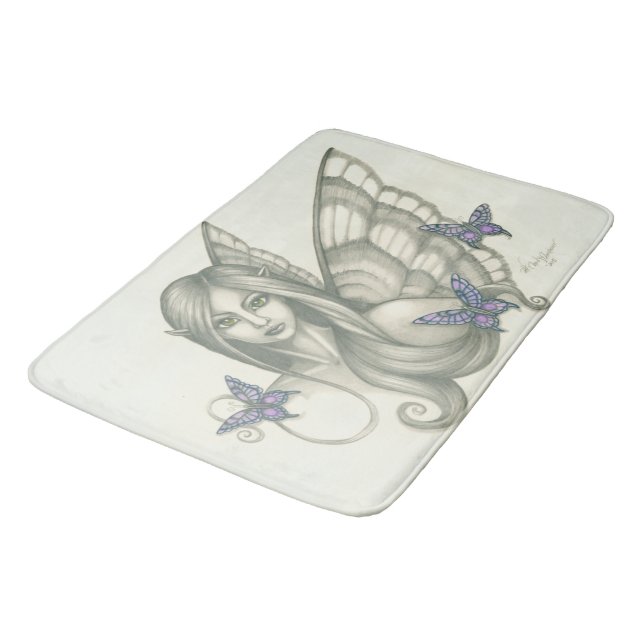 Black and White Fairy Face and Purple Butterflies Bath Mat (Angled)