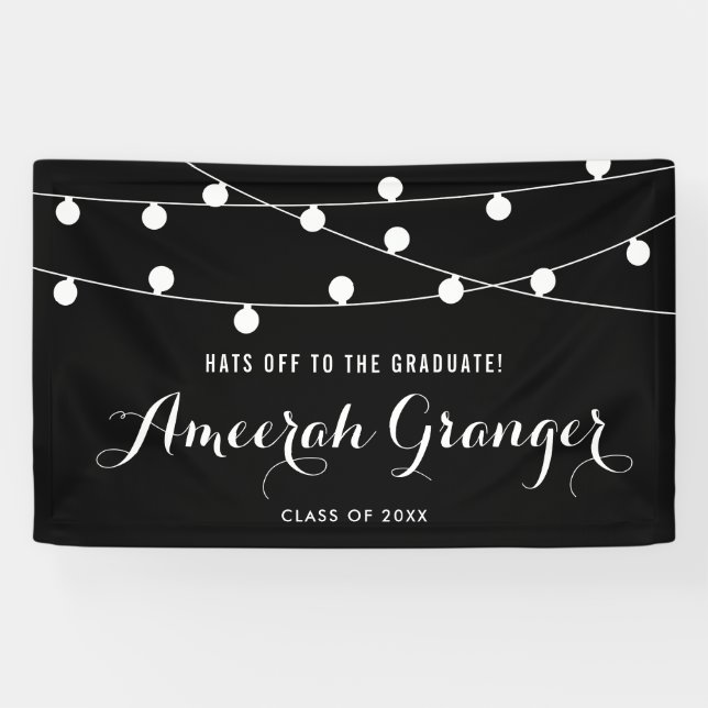 Black and White Fairy String Lights Graduation Banner (Horizontal)