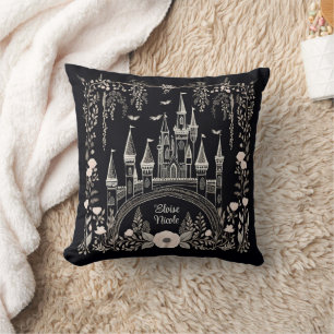 Black and White Fairytale Castle Illustration Cushion