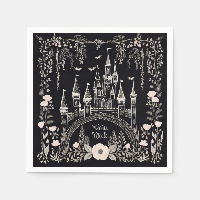 Black and White Fairytale Castle Illustration Napkin (Front)