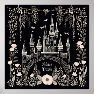 Black and White Fairytale Castle Illustration Poster