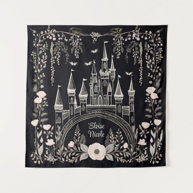 Black and White Fairytale Castle Illustration Tapestry (Front)