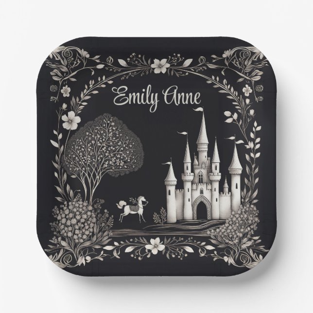 Black and White Fairytale Castle with Horse Paper Plate (Front)