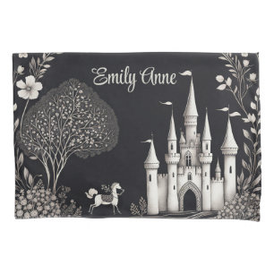 Black and White Fairytale Castle with Horse Pillowcase