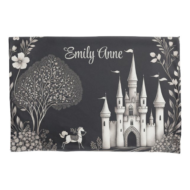 Black and White Fairytale Castle with Horse Pillowcase (Front)
