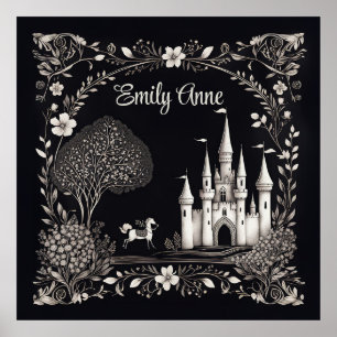 Black and White Fairytale Castle with Horse Poster