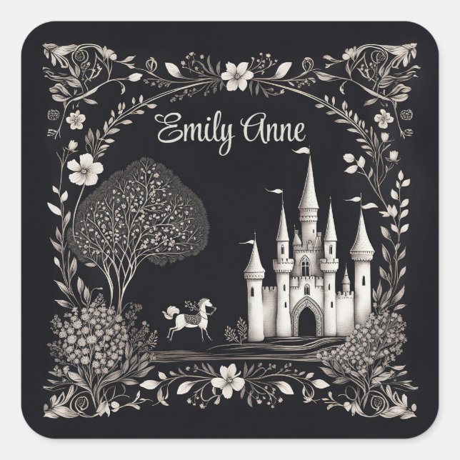 Black and White Fairytale Castle with Horse Square Sticker (Front)