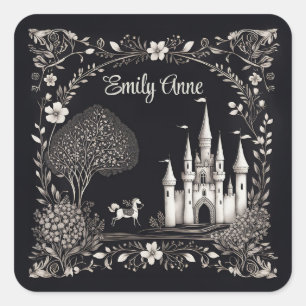 Black and White Fairytale Castle with Horse Square Sticker
