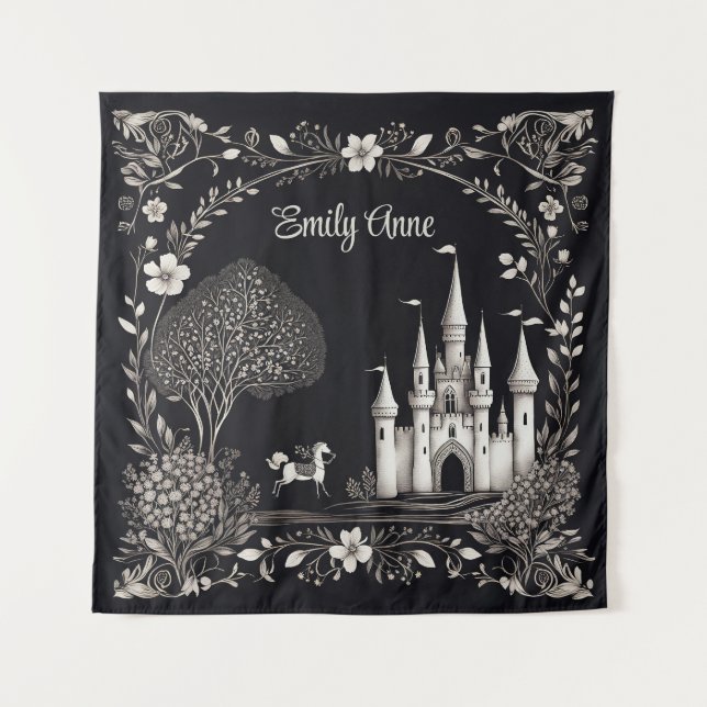 Black and White Fairytale Castle with Horse Tapestry (Front)