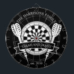 Black and White Family Custom Name Wedding Dartboard<br><div class="desc">Celebrate your special day with the Black and White Family Custom Name Wedding Dart Board. Featuring a timeless monochrome design, this dartboard can be personalised with the couple's last name, making it a unique keepsake or playful wedding gift. Perfect for adding charm to your home or for entertaining guests, this...</div>
