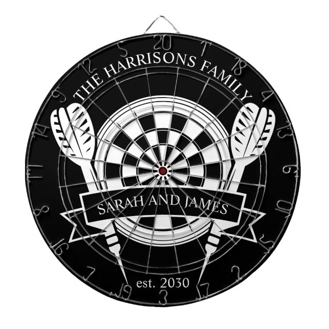 Black and White Family Custom Name Wedding Dartboard (Front)