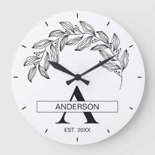 Black and White Family Name Monogrammed Large Clock