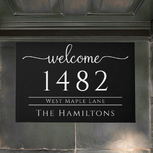 Black and white family name personalized address  doormat