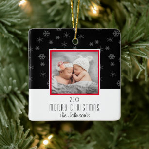 Black and White Family Photo Christmas Ceramic Ornament