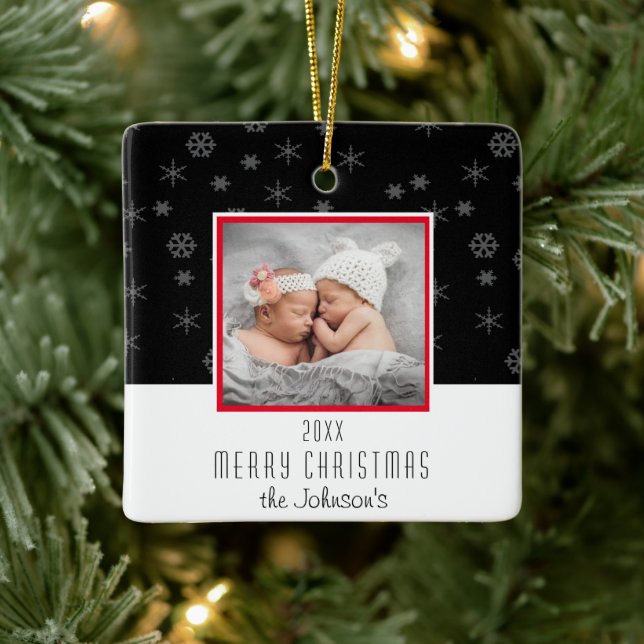 Black and White Family Photo Christmas Ceramic Ornament (Tree)